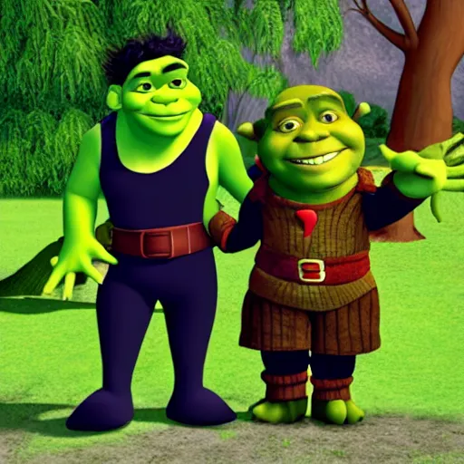 Image similar to a photo of shrek and shadow the hedgehog holding hands in a park