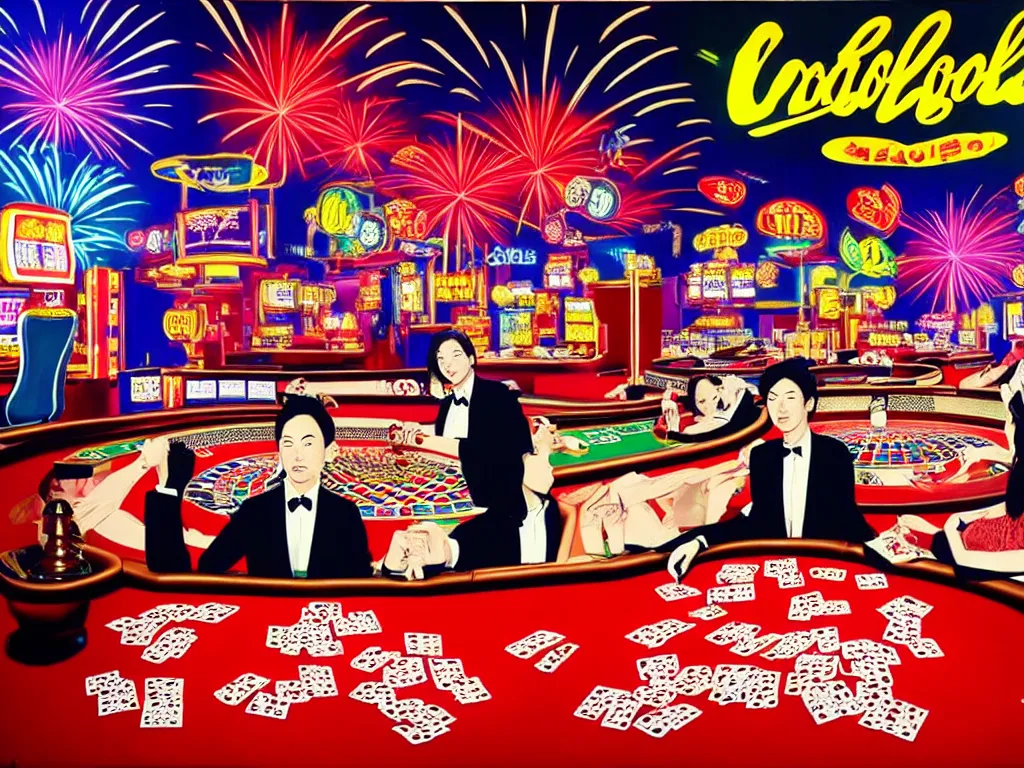 Image similar to hyper - realistic composition of a room in a casino with an extremely detailed poker table, croupier in kimono standing nearby fireworks in the background, pop art style, jackie tsai style, andy warhol style, acrylic on canvas