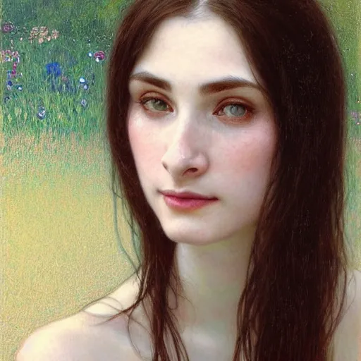 Prompt: Portrait of a beautiful, pale skin, female with long black hair, dark brown eyes, smiling, elegant clothing, photorealistic, highly detailed oil painting, artstation, smooth, sharp focus, art by Klimt, artgerm, Greg Rutkowski and Alphonse Mucha, natural light, Adobe Lightroom, photolab, Affinity Photo, PhotoDirector 365, artstation