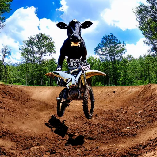 Image similar to a cow standing on a motocross track, fisheye lens