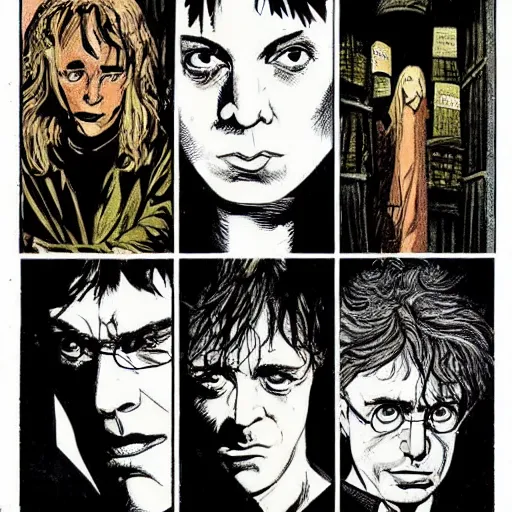 Image similar to in one frame Harry Potter with Sandman in The Sandman comic, beautiful faces, by Neil Gaiman, by Dave McKean, comics Sandman, small details, clear faces, high detail