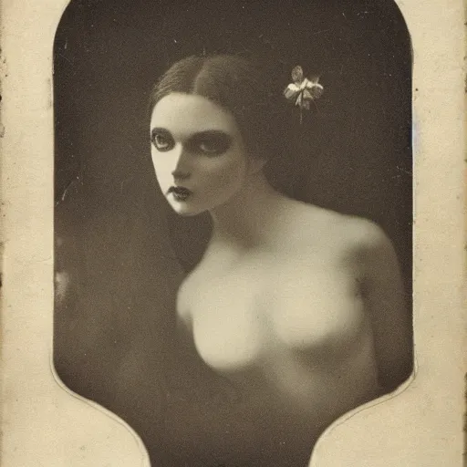 Image similar to a beautiful portrait of a pretty demonic succubus woman with a symmetrical and gorgeous but delicate face, XIX century photo , well and symmetrically composed, gloomy and dreamy