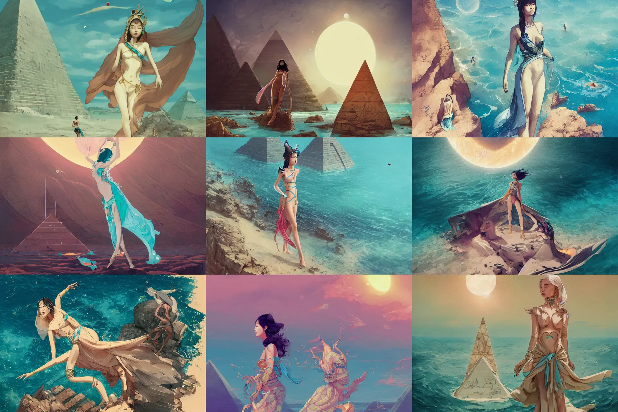 Prompt: lee jin - eun in luxurious dress emerging from turquoise water in egyptian pyramid during an eclipse by peter mohrbacher, android james, conrad roset, m. k. kaluta, martine johanna, rule of thirds, elegant look, beautiful, chic