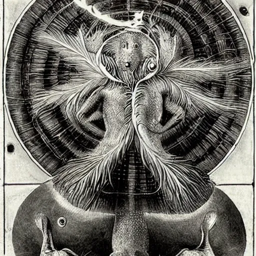 Image similar to furry freaky creature sings a unique canto about'as above so below'being ignited by the spirit of haeckel and robert fludd, breakthrough is iminent, glory be to the magic within