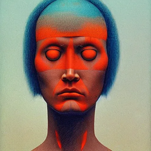 Image similar to symmetric portrait of indigenous warrior, turquoise and orange hair. realistic. high detail.by zdzisław beksiński