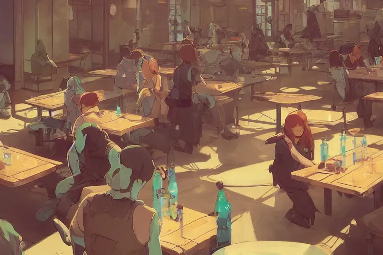 Prompt: a worried person in a crowded busy dystopian cafeteria interior behance hd artstation by jesper ejsing, by rhads, makoto shinkai and lois van baarle, ilya kuvshinov, ossdraws, that looks like it is from borderlands and by feng zhu and loish and laurie greasley, victo ngai, andreas rocha