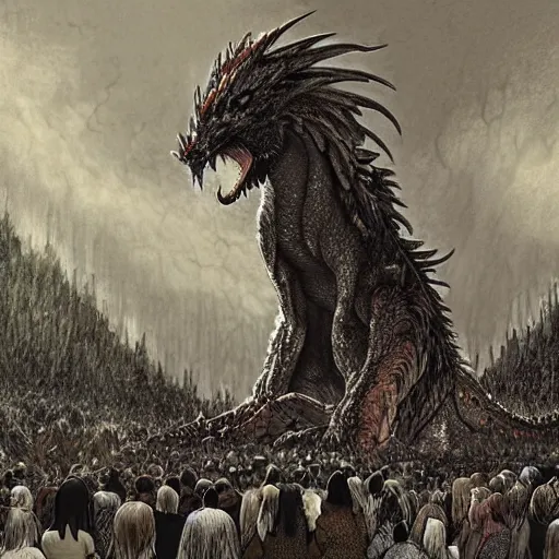 Image similar to A beautiful drawing of a large, dragon-like creature with sharp teeth, talons, and a long tail. The creature is looming over a small group of people who appear to be in distress. by Satoshi Kon, by Matthias Jung