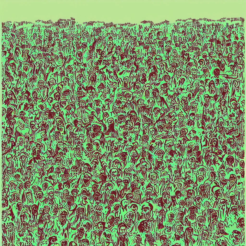 Prompt: risograph of zombies in a field, minimalist,