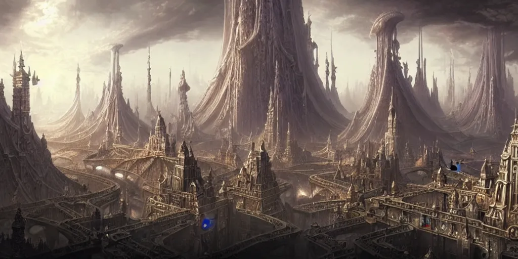Image similar to a beautiful and insanely detailed matte painting of an advanced sprawling civilization with surreal architecture designed by akihiko yoshida!, whimsical!!, epic scale, intricate details, sense of awe, elite, fantasy realism, complex layered composition!!