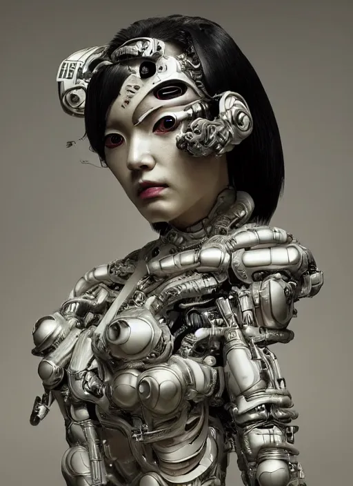 Prompt: portrait of a futuristic geisha cyborg, in the style of ghost in the shell, kintsugi, modern fine art, fractal, intricate, elegant, highly detailed, digital photography, subsurface scattering, by erwin olaf and greg rutkowski,