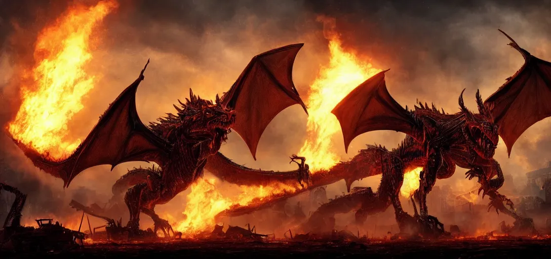 Prompt: a mecanic dragon with big mouth destroy a building with fire in the night, dark fantasy, apocalypse