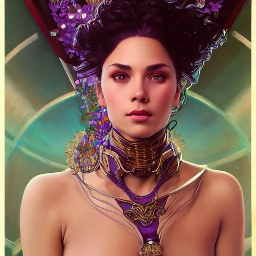 Image similar to Portrait of very very very very very very beautiful Latina woman, spacesuit, purple eyes, intricate, elegant, highly detailed, digital painting, artstation, concept art, smooth, sharp focus, illustration, art by artgerm and greg rutkowski and alphonse mucha