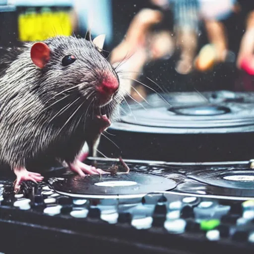 Prompt: a wet rat on stage in front of thousands of people djing sad anime music