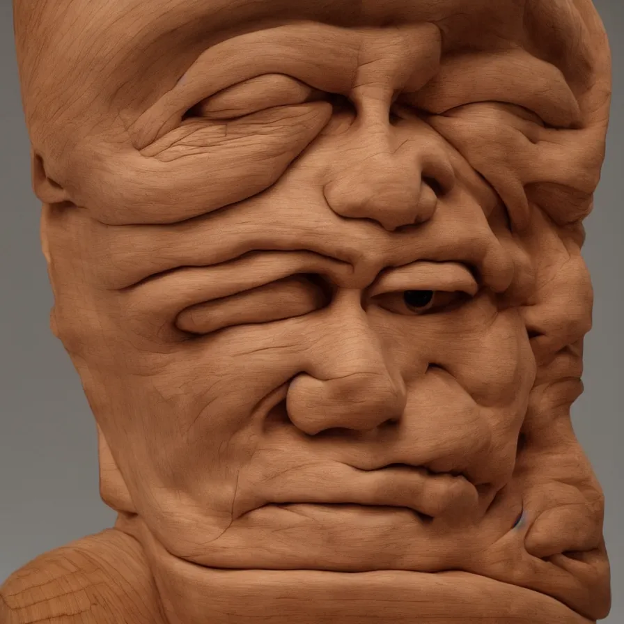 Image similar to hyperrealistic sculpture portrait of a stern woman's face carved out of a curly maple wood on a pedestal by duane hanson and donald judd, hyperrealistic dramatic colored lighting trending on artstation 8 k