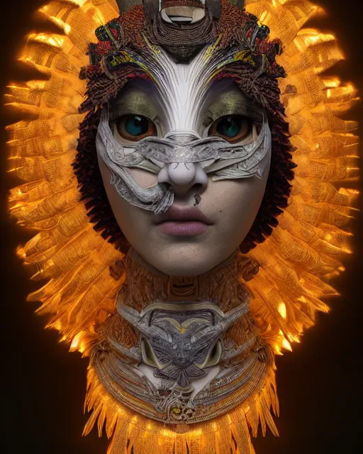 Image similar to 3 d warrior goddess medium shot portrait. beautiful hyperrealistic intricate highly detailed magpie helm and richly embroidered blouse, quetzalcoatl, bioluminescent, curious, kintsugi, plasma, lava, ice, feather, artwork by tooth wu and wlop and chiara bautista, octane 3 d render