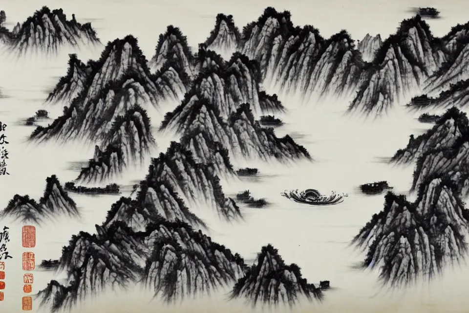 Image similar to between the beautiful mountains and waters, many alien monsters are fighting with chinese immortals, traditional chinese ink painting.