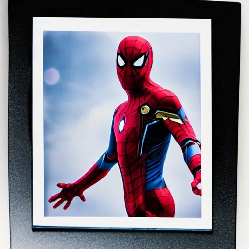 Image similar to a single iron man and spider - man hybrid, dslr, polaroid