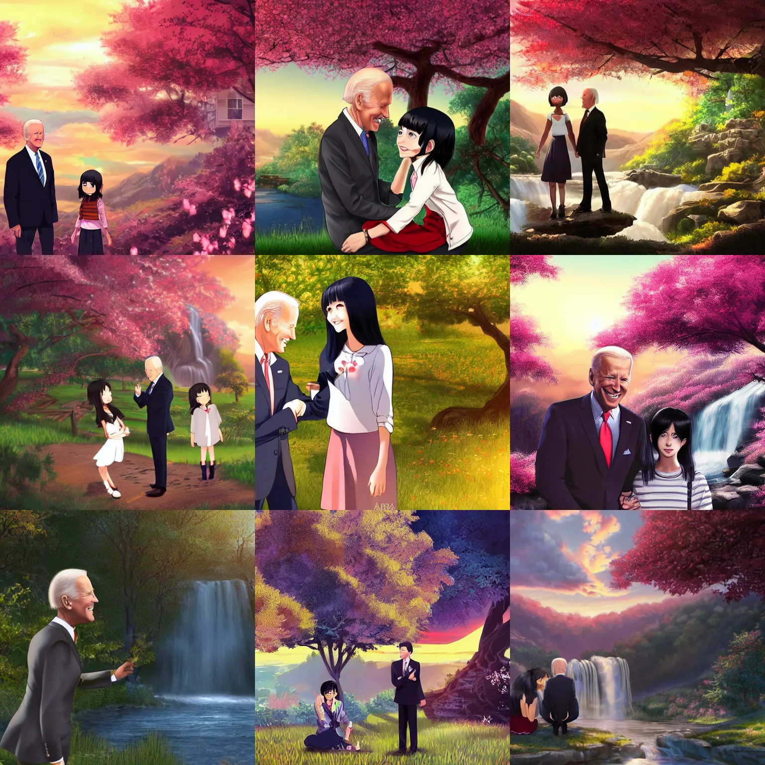 Prompt: featured on artstation photorealistic joe biden meets a beautiful smiling anime girl with black hair under a cherry tree overlooking valley waterfall sunset beautiful image stylized digital art