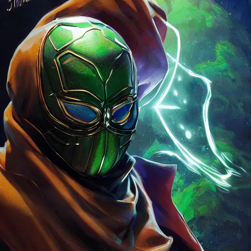 Image similar to Mysterio from Marvel Cinematic Universe, by Stanley Artgerm Lau, WLOP, Rossdraws, James Jean, Andrei Riabovitchev, Marc Simonetti, Yoshitaka Amano, ArtStation, CGSociety,