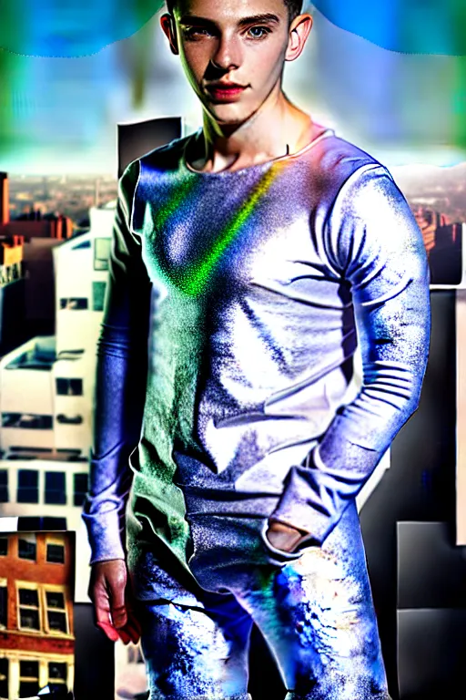 Image similar to un ultra high definition studio quality photographic art portrait of a young man standing on the rooftop of a british apartment building wearing soft padded silver pearlescent clothing. three point light. extremely detailed. golden ratio, ray tracing, volumetric light, shallow depth of field. set dressed.