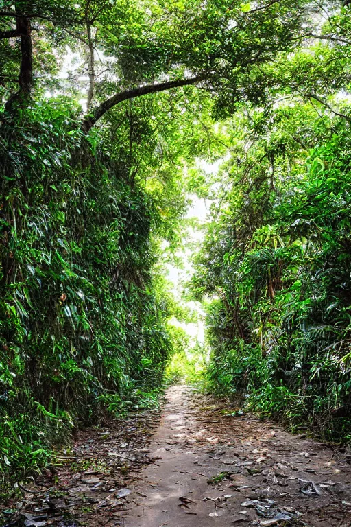 Prompt: abandoned sri lankan street, overgrown greenery, photograph