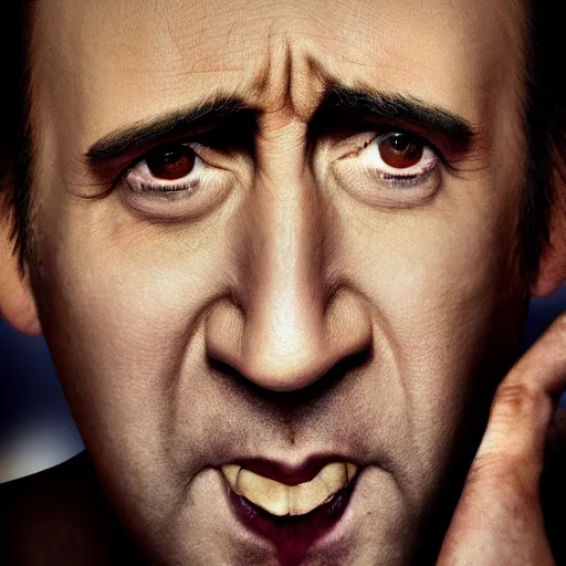 Image similar to nic cage but he is emaciated and starving to death, movie still, hd digital photography