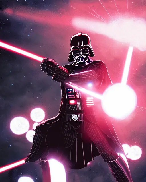 Prompt: darth vader wearing an iron man themed suit and firing his repulsors at rebels, low camera angle, dramatic lighting, yusuke murata anime, colored, highly detailed