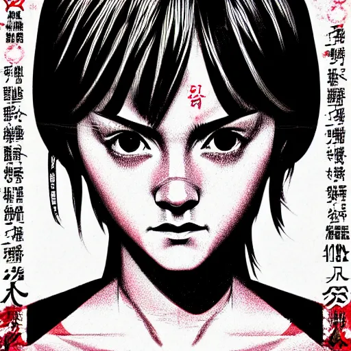 Image similar to a comic book style japanese horror poster of Emma Watson by dan mumford, yusuke murata and junji ito, blood lines, yokai, shinigami, eyes, shurikens, kanji, synthwave, 8k, unreal engine, trending on artstation, pixiv, intricate details, volumetric lighting