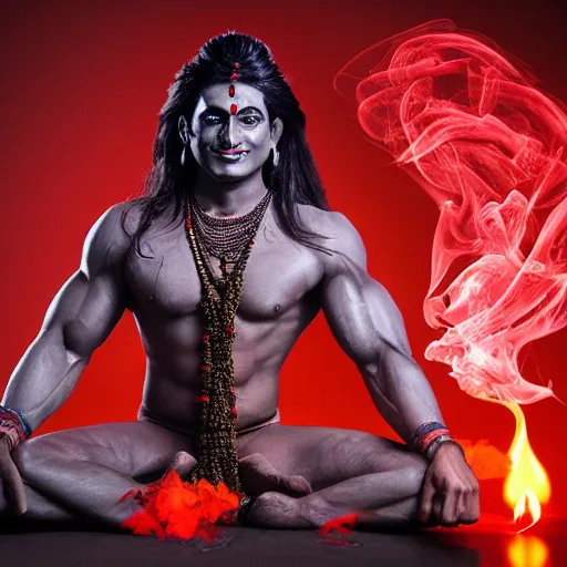 Image similar to lord shiva as a muscular character, smoking inside a dark studio, photography, red smoke coming out of his smoking bowl