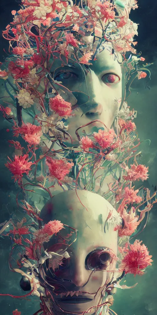 Image similar to surreal gouache painting, by yoshitaka amano, by ruan jia, by conrad roset, by kilian eng, by good smile company, detailed anime 3 d render of a mechanical android head with flowers growing out, portrait, cgsociety, artstation, modular patterned mechanical costume and headpiece, retrowave atmosphere