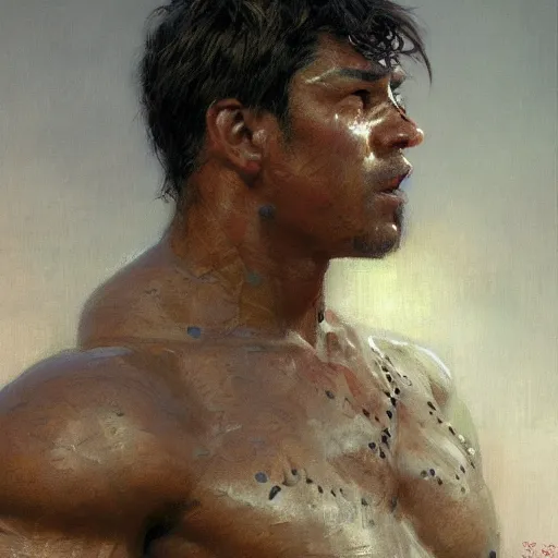 Image similar to Gladiator, muscular, asian, handsome, detailed face, correct face, painting by Gaston Bussiere, Craig Mullins