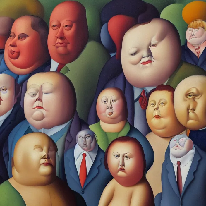 Image similar to group of people pictured in afternoon light, close - up of the faces, anatomically and proportionally correct, surrealist oil painting by botero, dora maar and rene magritte, detailed