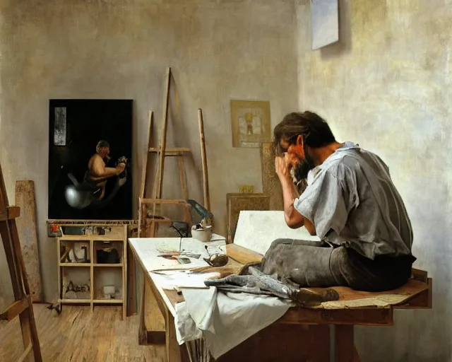 Prompt: an exhausted painter in his studio painting a picture of a beautiful model - key lighting, soft lights, by steve hanks, by edgar maxence, by caravaggio, by michael whelan, by delacroix, by serov valentin, by tarkovsky, 8 k render, detailed, oil on canvas