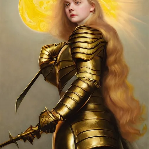 Image similar to Elle Fanning as a knight in golden armor holding fire, oil on canvas, moon lighting, artstation, by J. C. Leyendecker and Peter Paul Rubens,