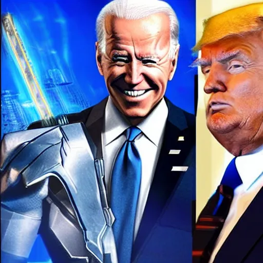 Image similar to joe biden as raiden from metal gear rising revengeance fighting donald trump as sentator armstrong