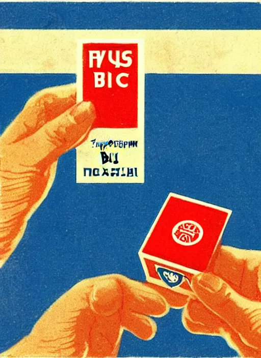 Prompt: a hand holding a red card, russian matchbox label style, propaganda,