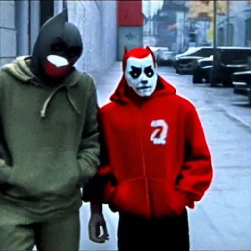 Prompt: grainy film still of niko bellic and a man wearing a red hoodie and a plastic clown mask from the dark knight returns's bank robbery scene, photorealistic