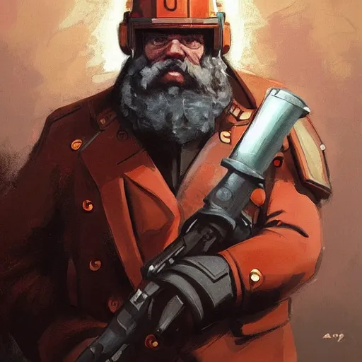 Image similar to portrait of karl marx as a doomguy in team fortress 2 style, tragic, elegant, fantasy, hd shot, digital portrait, beautiful, artstation, comic style, by artgerm, guy denning, jakub rozalski, magali villeneuve and charlie bowater