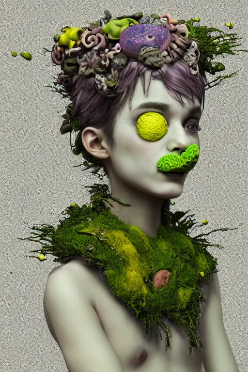 Image similar to nonbinary model, subject made of cracked clay, vine headdress, shinigami, moss patches, 2 0 mm, with pastel yellow and green bubbles bursting out, melting into bulbasaur, delicate, beautiful, intricate, houdini sidefx, by jeremy mann and ilya kuvshinov, jamie hewlett and ayami kojima, bold 3 d
