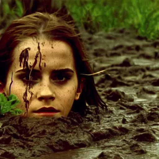 Image similar to emma watson rising out of muddy vietnam river, face covered in mud, low camera angle at water level, night time, film still from apocalypse now ( 1 9 7 9 ), 2 6 mm,