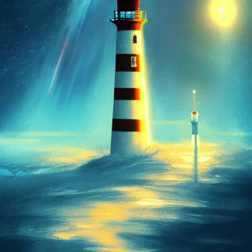 Image similar to lighthouse in space, digital art, artstation, devinart, light colors,