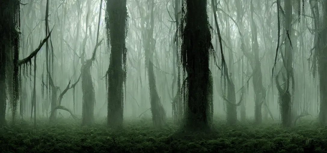 Image similar to a complex organic fractal 3 d metallic symbiotic ceramic humanoid megastructure eldritch horror in a swampy lush forest, foggy, cinematic shot, photo still from movie by denis villeneuve