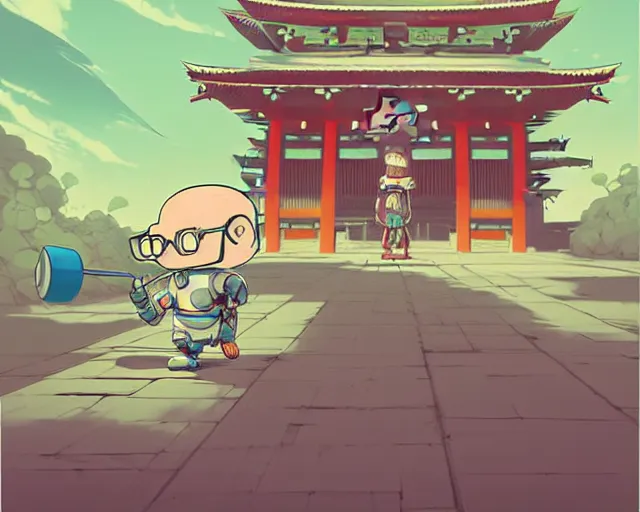 Prompt: cell shaded cartoon of an adorable nerdy chibi monk with a robot head and glasses on a country road, japanese temples, subtle colors, post grunge, concept art by josan gonzales and wlop, by james jean, victo ngai, david rubin, mike mignola, deviantart, art by artgem