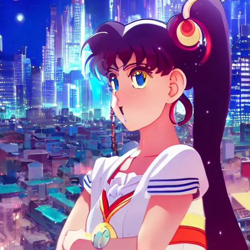 Prompt: portrait of sailor moon, city background, rich vivid colors, ambient lighting, dynamic lighting, 4k, HQ, official media, anime key visual, makoto shinkai, ilya kuvshinov, lois van baarle, rossdraws, detailed, trending on artstation