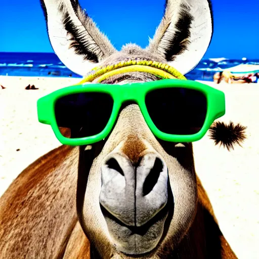 Prompt: Donkey with cool glasses lying on a sunbed at the beach