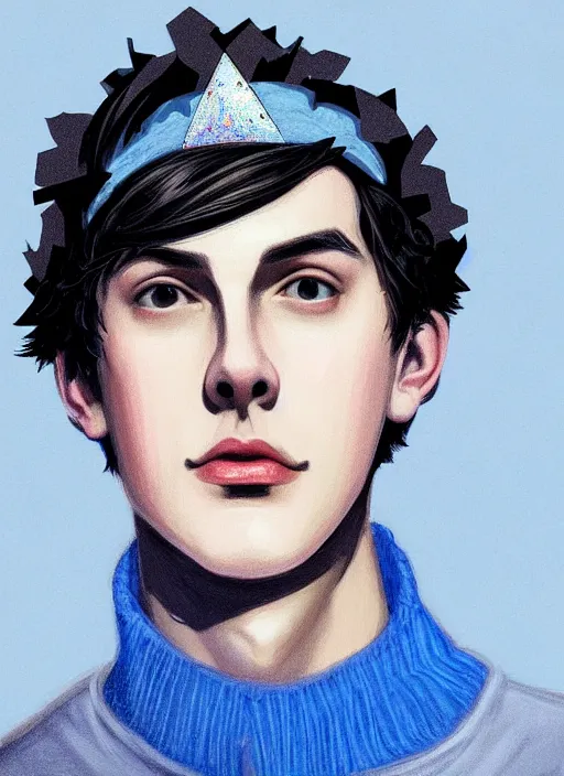 Image similar to portrait of teenage jughead jones wearing a light grey crown, crown, blue turtleneck, 1 9 5 0 s, closed eyes, photorealistic, black hair, glowing lighting, intricate, elegant, glowing lights, highly detailed, digital painting, artstation, concept art, smooth, sharp focus, illustration, art by wlop, mars ravelo and greg rutkowski