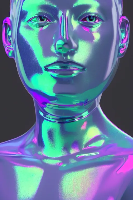 Image similar to 3d render of holographic human robotic bust made of glossy iridescent, bust, surrealistic 3d illustration of a human non-binary, non binary model, 3d model human, cryengine, made of holographic texture, holographic material, holographic rainbow, concept of cyborg and artificial intelligence