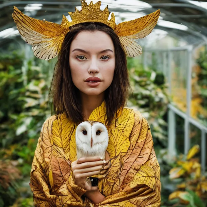 Prompt: portrait photograph of an extremely beautiful!!!! young female , symmetric face!, symmetric round detailed eyes!!, slight smile, natural light, wearing a yellow kimono!! with a very detailed barn owl! on her shoulder in a tropical greenhouse. looking at the camera!!. golden crown made of golden leaves. super resolution. Extremely detailed. Graflex camera!, bokeh!!!!! trending on artstation.