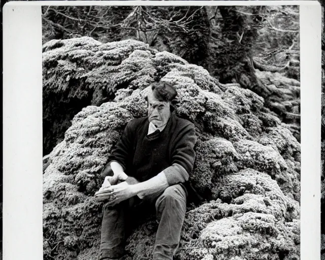 Image similar to “A vintage black and white photograph of a seated man covered with moss and lichen. Wistman's Wood”