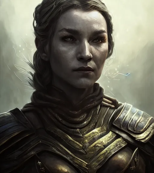 Prompt: unknown the elder scrolls vi charismatic rugged female battle - mage portrait partially clothed in metal - plated battle armor atmospheric lighting painted intricate volumetric lighting, beautiful, sharp focus, ultra detailed by leesha hannigan, ross tran, thierry doizon, kai carpenter, ignacio fernandez rios